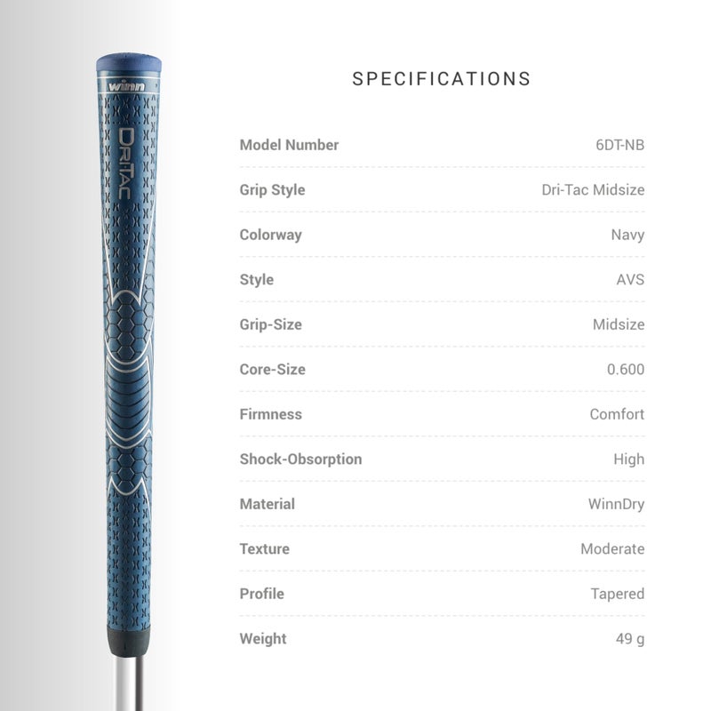 Winn DRI-TAC MIDSIZE Golf Grip  Non-Slip & Cushioned Comfort  Moisture-Wicking  Shock Absorption  AVS Technology  Lighter Grip Pressure  All-Weather Playability  Premium Polymer Material - Image 3